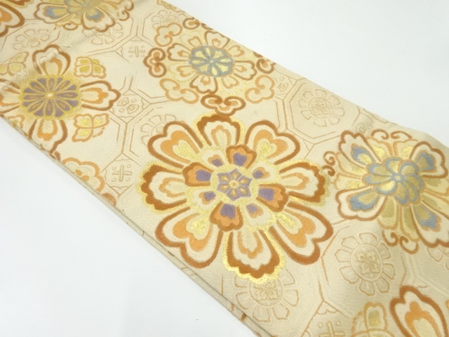 JAPANESE KIMONO / ANTIQUE MARU OBI / SILK / WOVEN FLORAL CREST